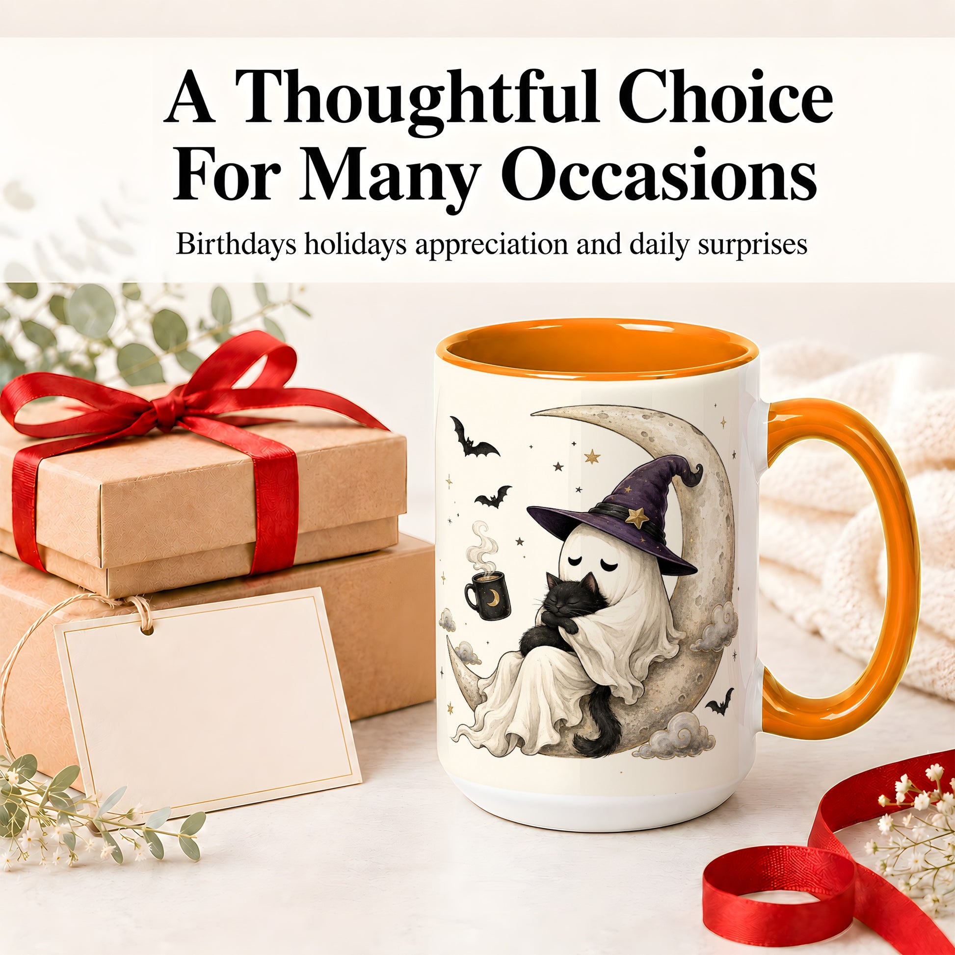#pl[15oz|Orange] Ghost Witch Cat Ceramic Mug, Crescent Moon Halloween Artwork