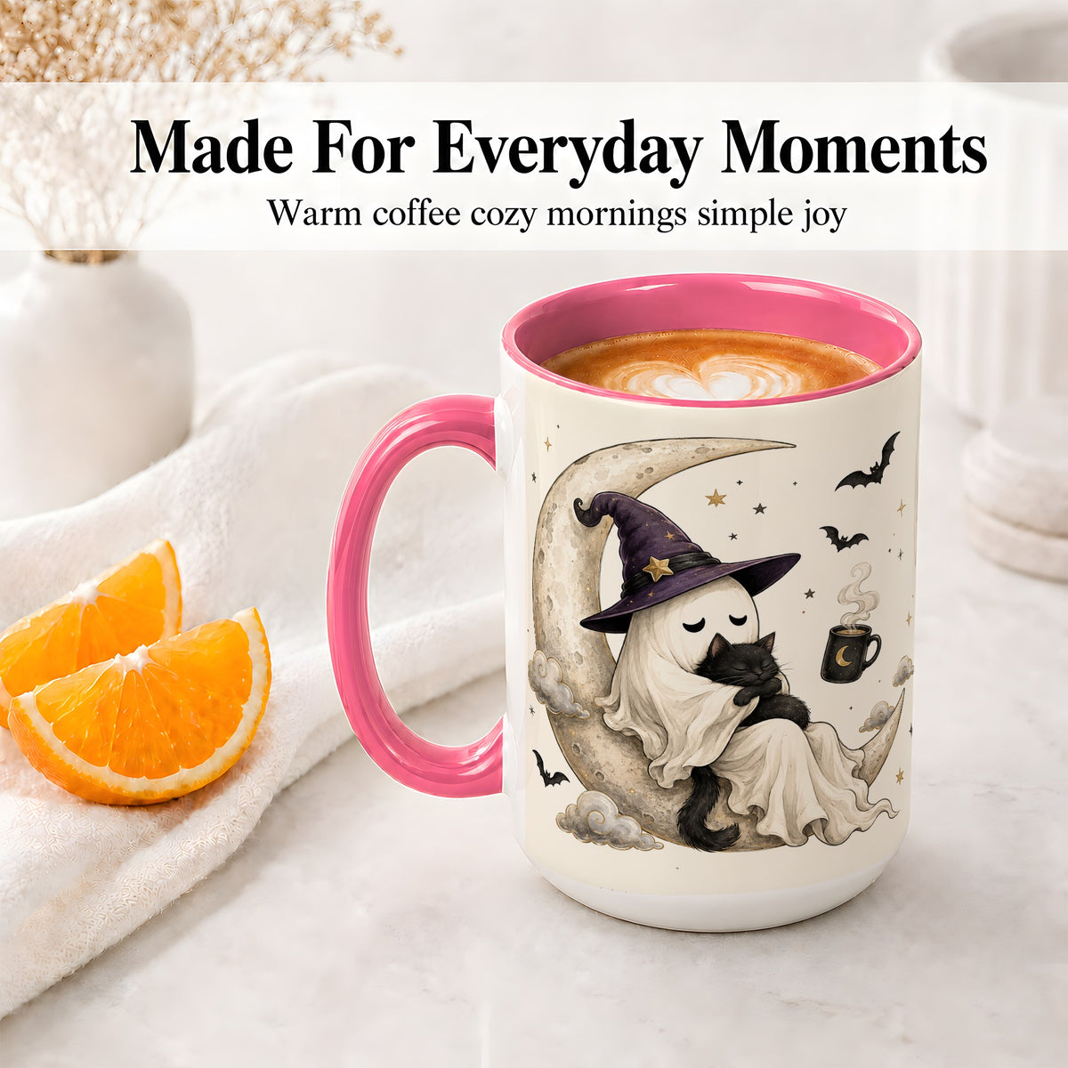 #pl[15oz|Pink] Ghost Witch Cat Ceramic Mug, Crescent Moon Halloween Artwork