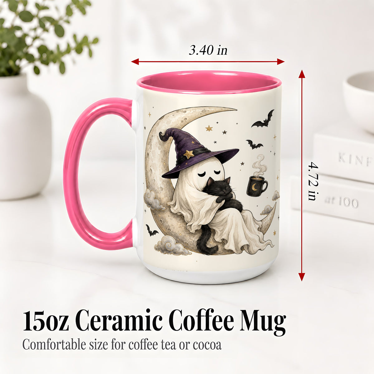 #pl[15oz|Pink] Ghost Witch Cat Ceramic Mug, Crescent Moon Halloween Artwork