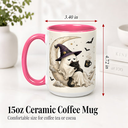 #pl[15oz|Pink] Ghost Witch Cat Ceramic Mug, Crescent Moon Halloween Artwork