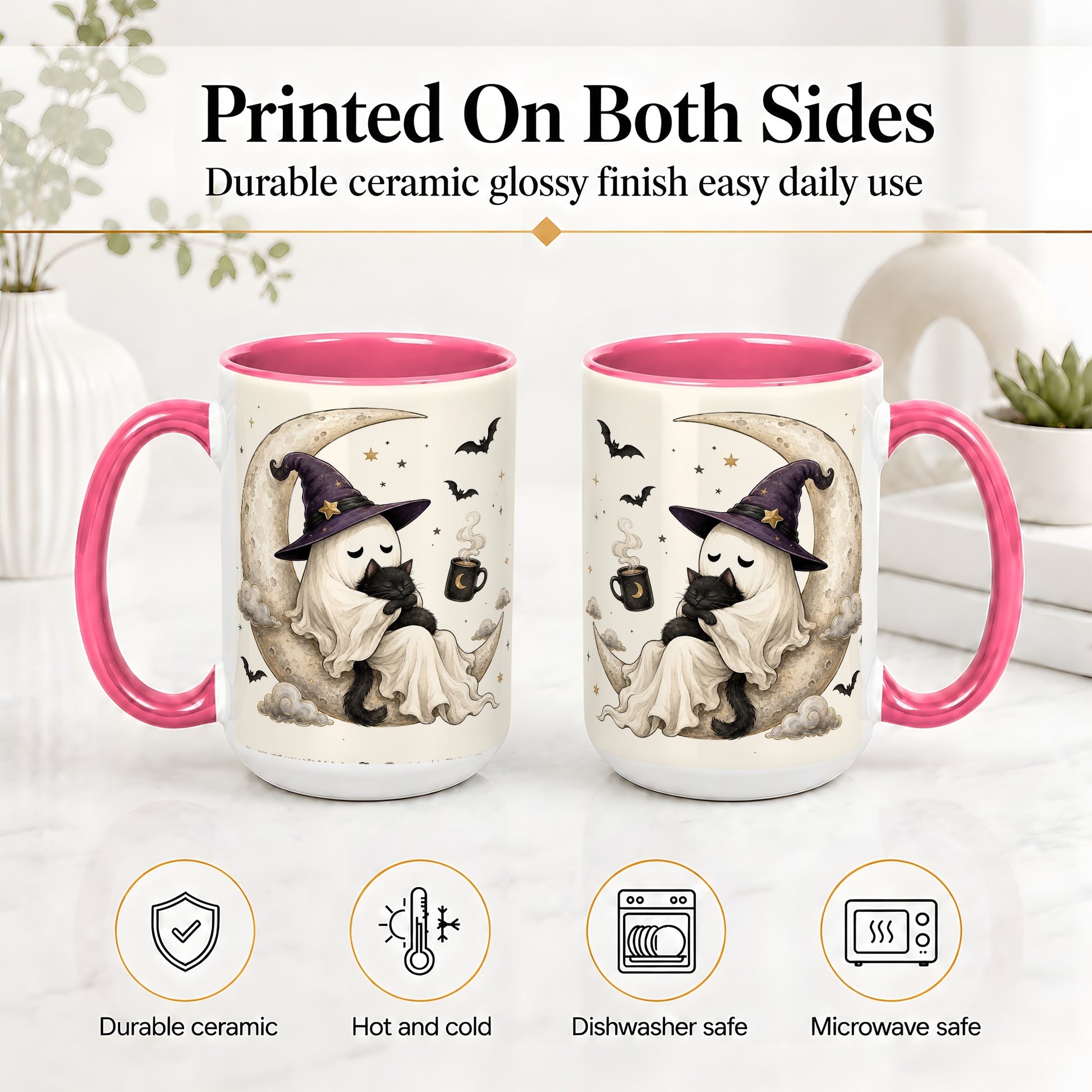 #pl[15oz|Pink] Ghost Witch Cat Ceramic Mug, Crescent Moon Halloween Artwork