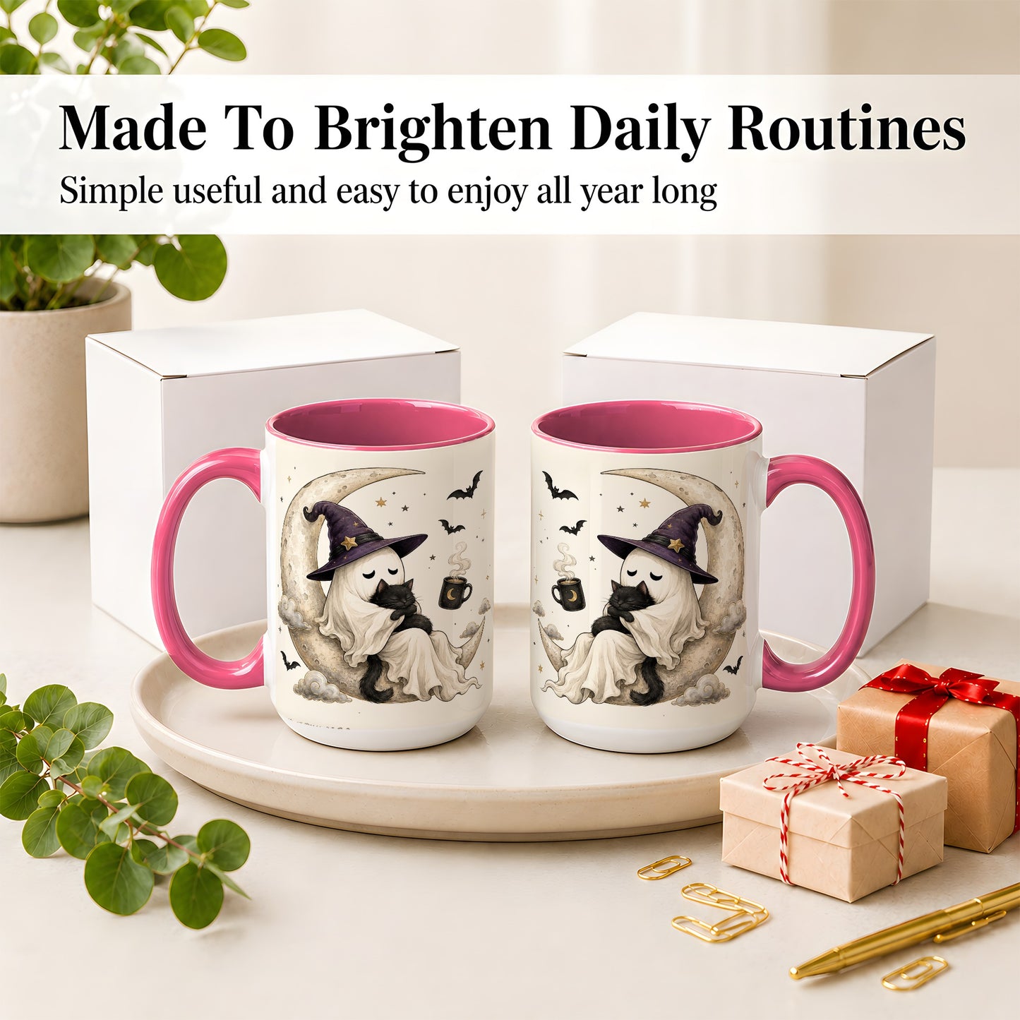 #pl[15oz|Pink] Ghost Witch Cat Ceramic Mug, Crescent Moon Halloween Artwork