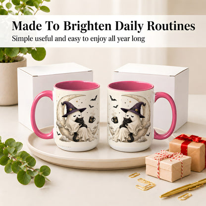 #pl[15oz|Pink] Ghost Witch Cat Ceramic Mug, Crescent Moon Halloween Artwork