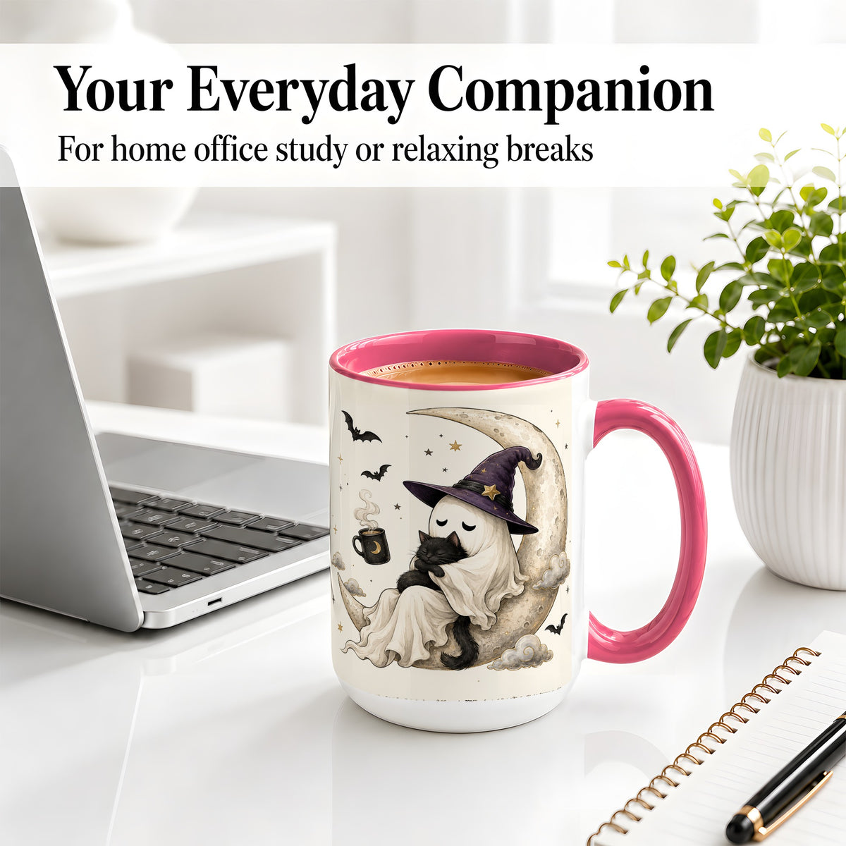 #pl[15oz|Pink] Ghost Witch Cat Ceramic Mug, Crescent Moon Halloween Artwork