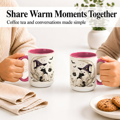 #pl[15oz|Pink] Ghost Witch Cat Ceramic Mug, Crescent Moon Halloween Artwork