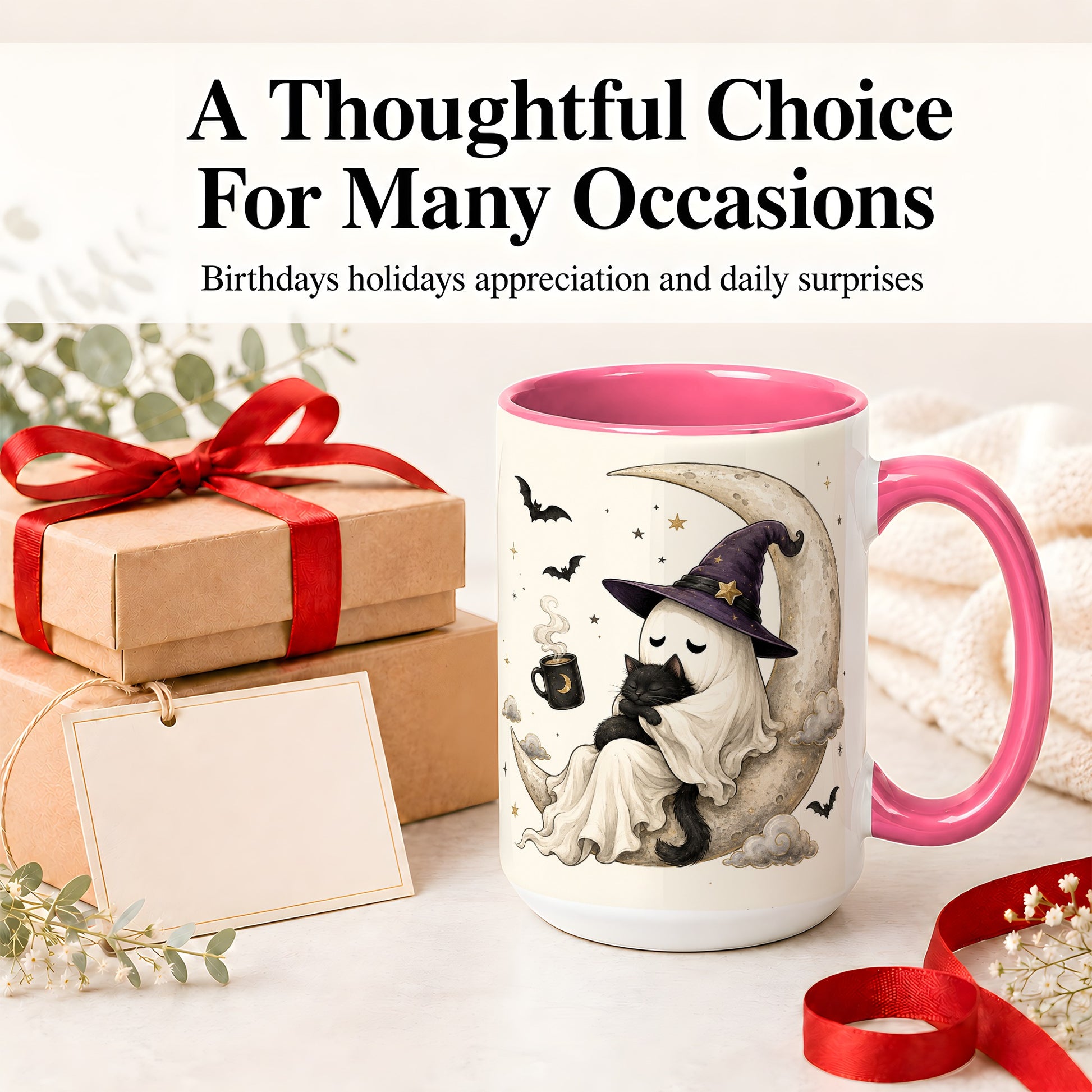 #pl[15oz|Pink] Ghost Witch Cat Ceramic Mug, Crescent Moon Halloween Artwork