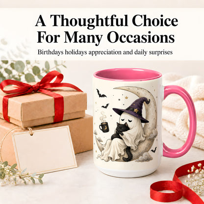 #pl[15oz|Pink] Ghost Witch Cat Ceramic Mug, Crescent Moon Halloween Artwork