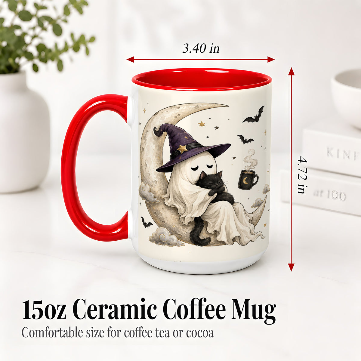 #pl[15oz|Red] Ghost Witch Cat Ceramic Mug, Crescent Moon Halloween Artwork