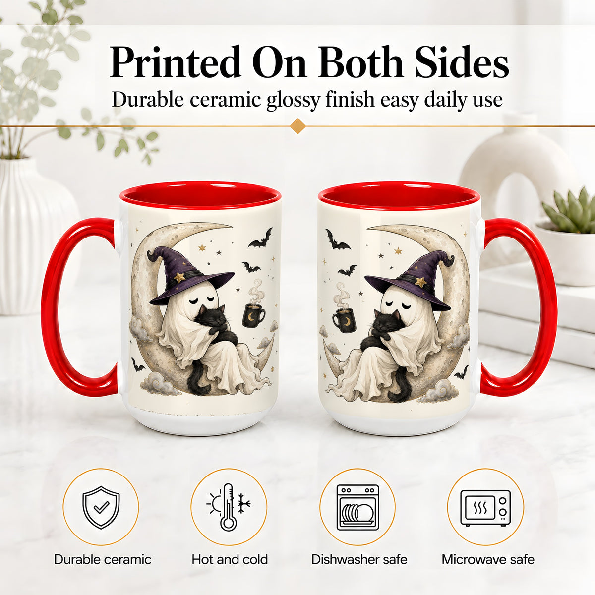 #pl[15oz|Red] Ghost Witch Cat Ceramic Mug, Crescent Moon Halloween Artwork