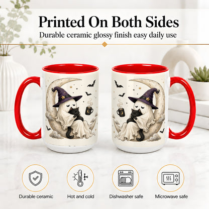 #pl[15oz|Red] Ghost Witch Cat Ceramic Mug, Crescent Moon Halloween Artwork