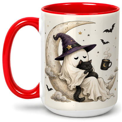 #pl[15oz|Red] Ghost Witch Cat Ceramic Mug, Crescent Moon Halloween Artwork