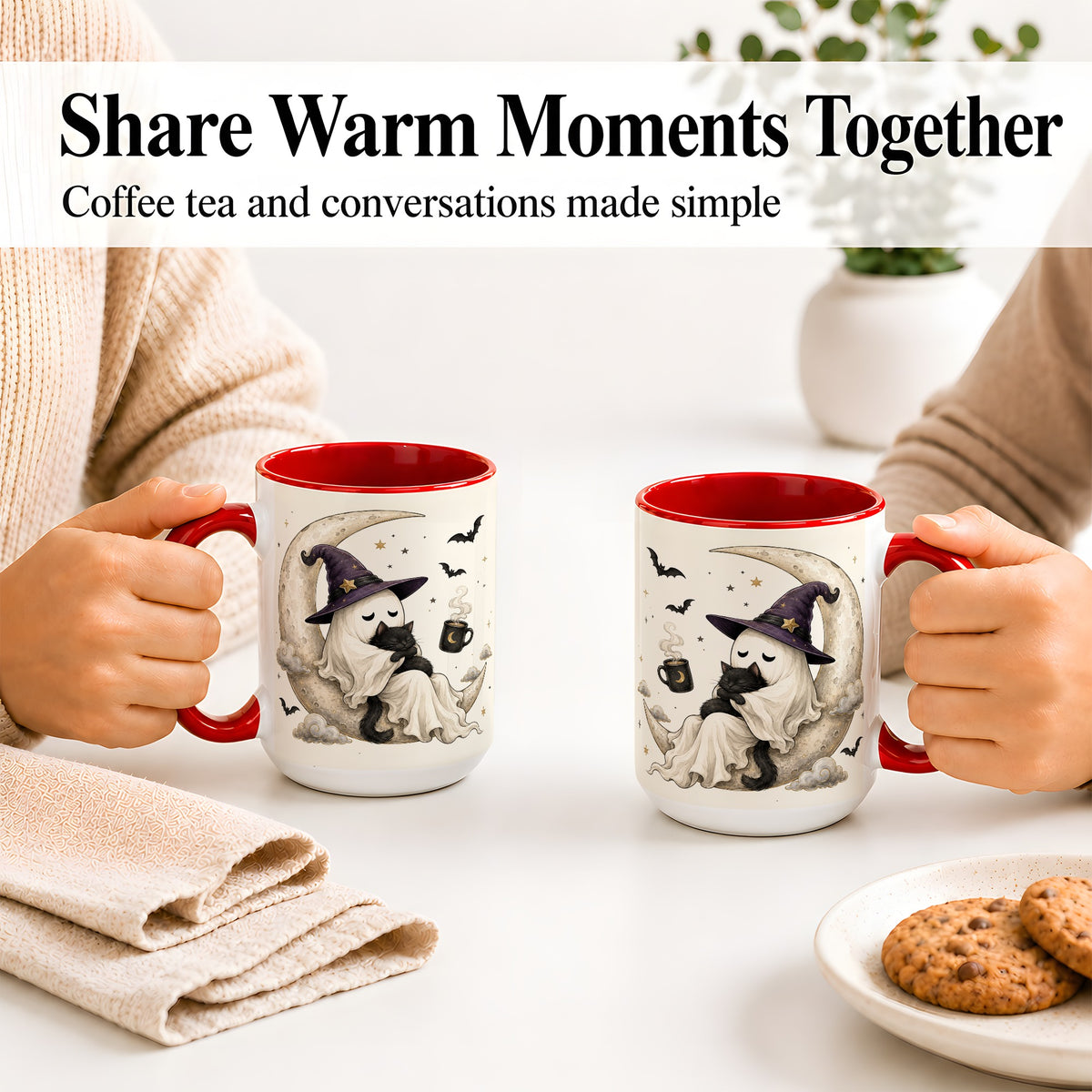#pl[15oz|Red] Ghost Witch Cat Ceramic Mug, Crescent Moon Halloween Artwork