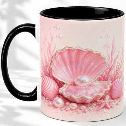 #pl[11oz|Black] Pink Pearl Seashell Ceramic Mug, Ocean Shell Underwater Artwork
