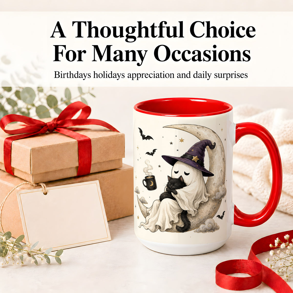 #pl[15oz|Red] Ghost Witch Cat Ceramic Mug, Crescent Moon Halloween Artwork