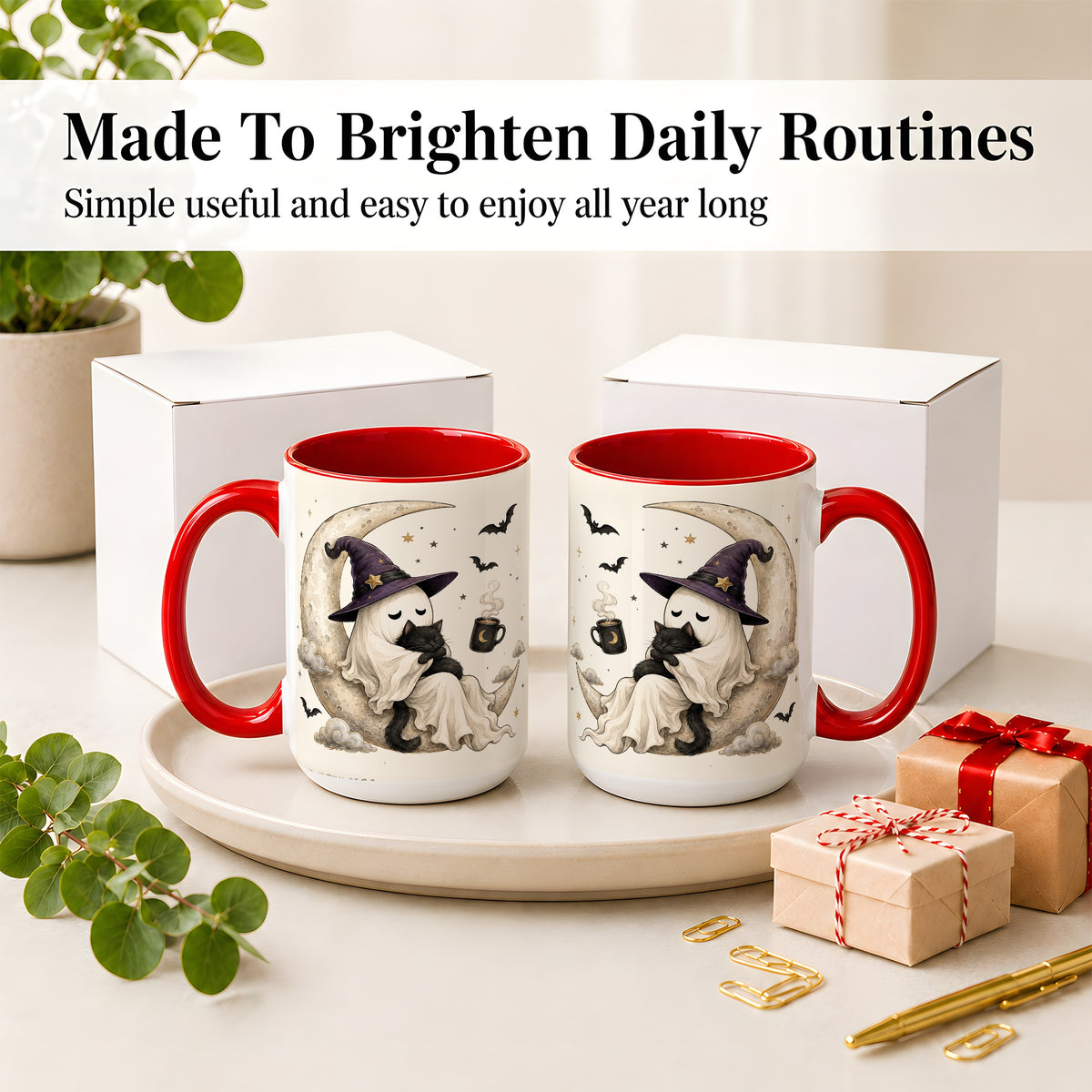 #pl[15oz|Red] Ghost Witch Cat Ceramic Mug, Crescent Moon Halloween Artwork