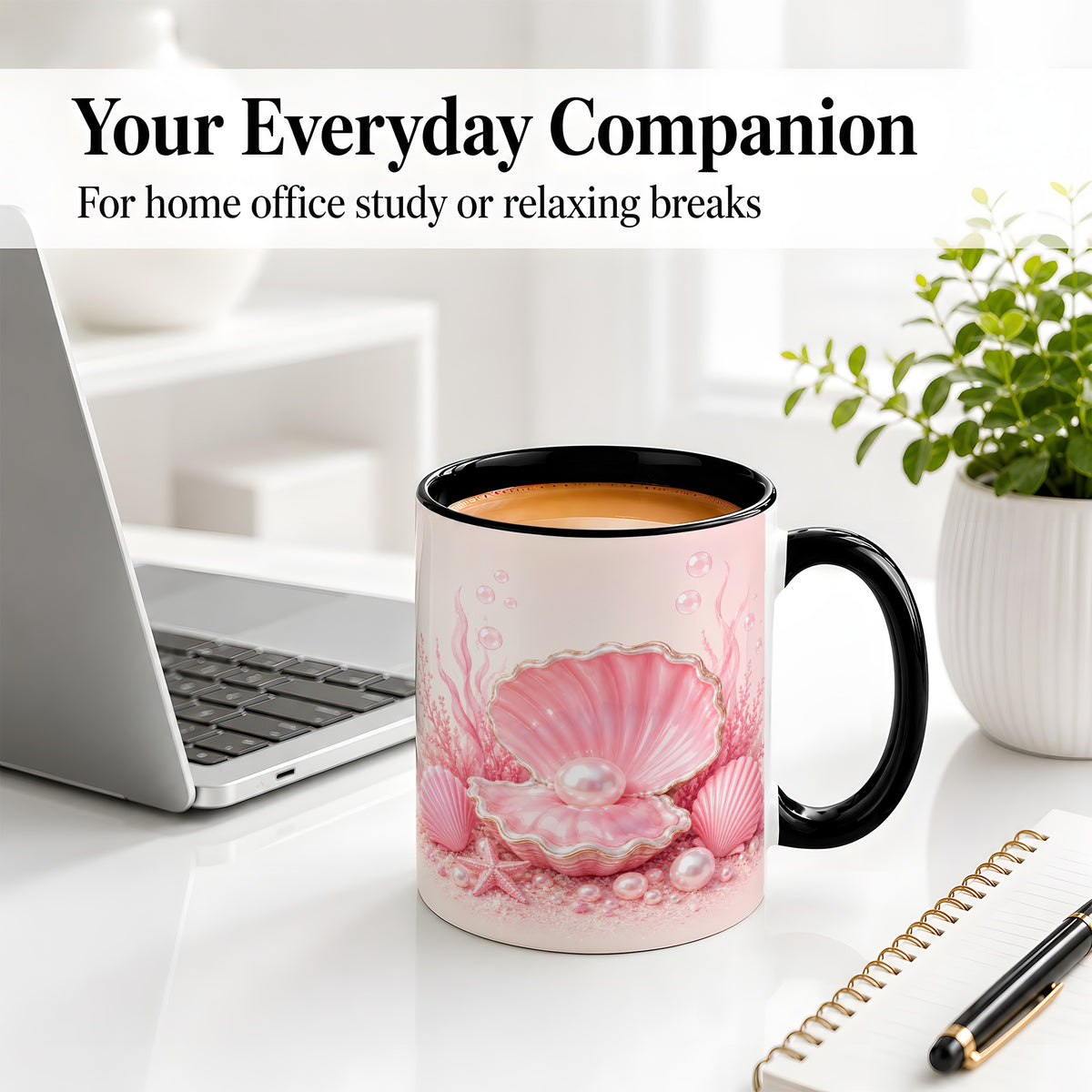 #pl[11oz|Black] Pink Pearl Seashell Ceramic Mug, Ocean Shell Underwater Artwork