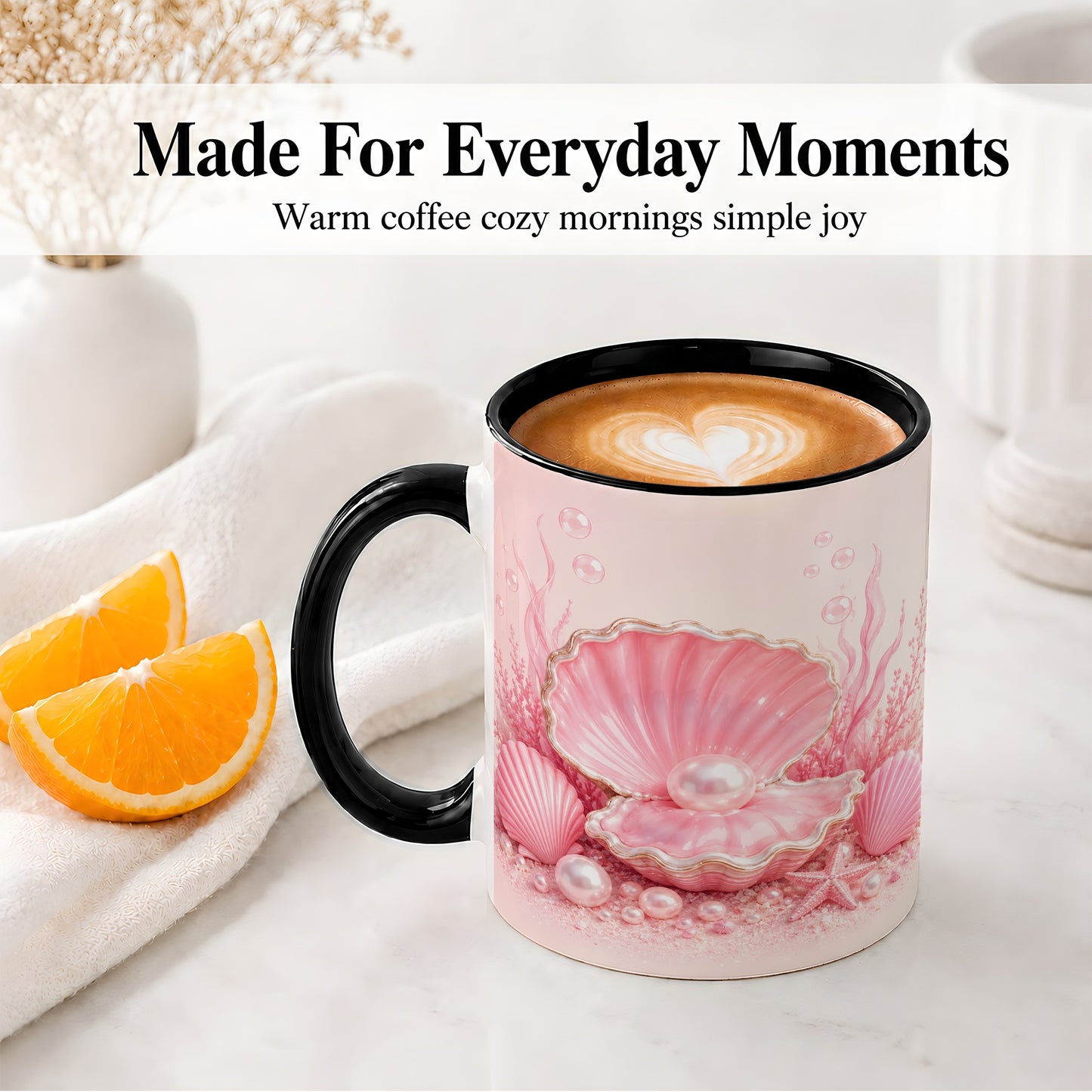 #pl[11oz|Black] Pink Pearl Seashell Ceramic Mug, Ocean Shell Underwater Artwork