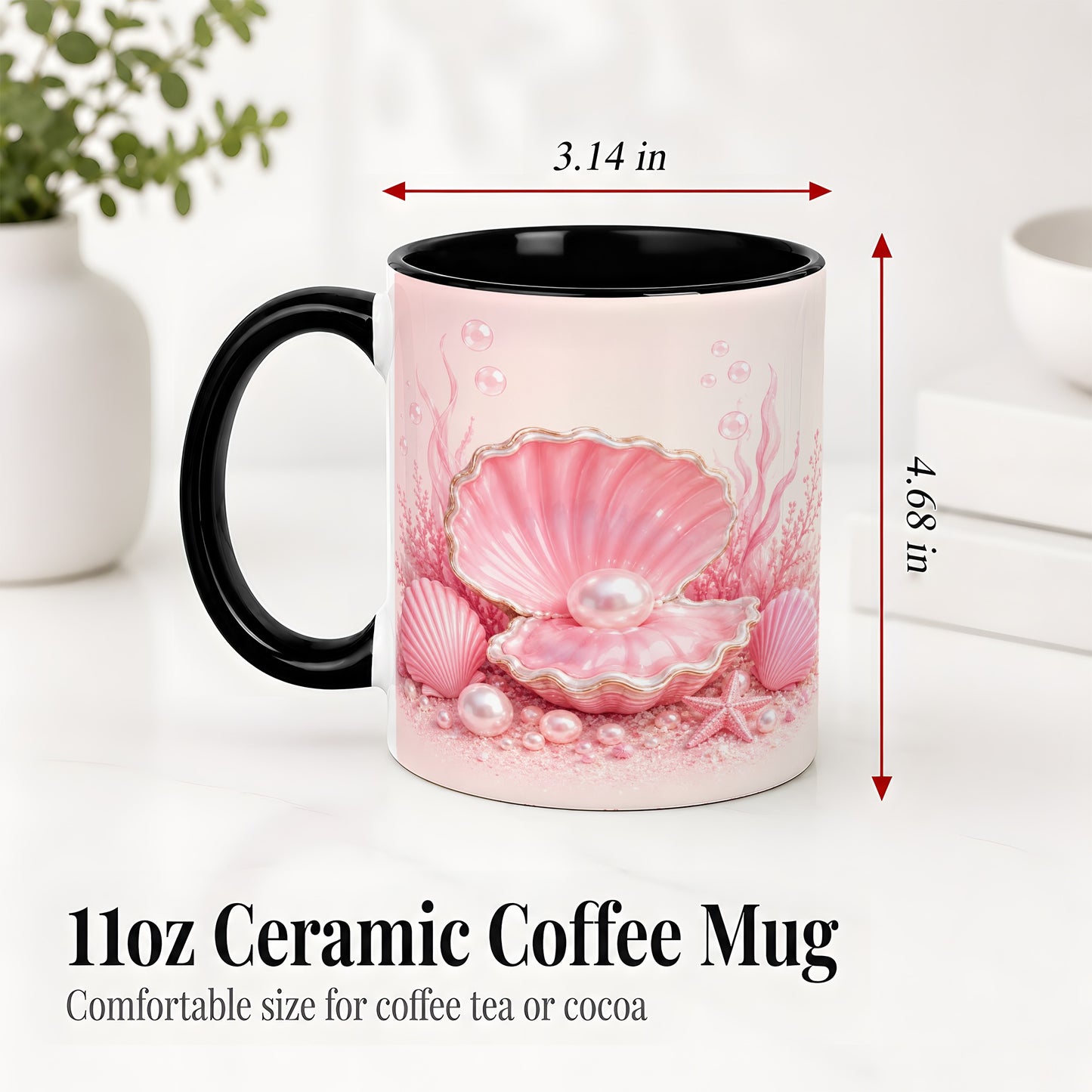#pl[11oz|Black] Pink Pearl Seashell Ceramic Mug, Ocean Shell Underwater Artwork