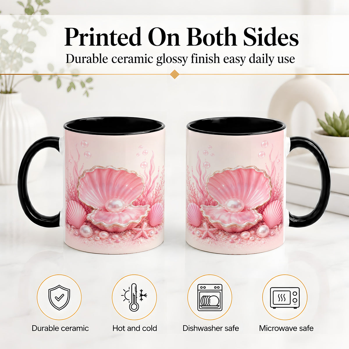 #pl[11oz|Black] Pink Pearl Seashell Ceramic Mug, Ocean Shell Underwater Artwork