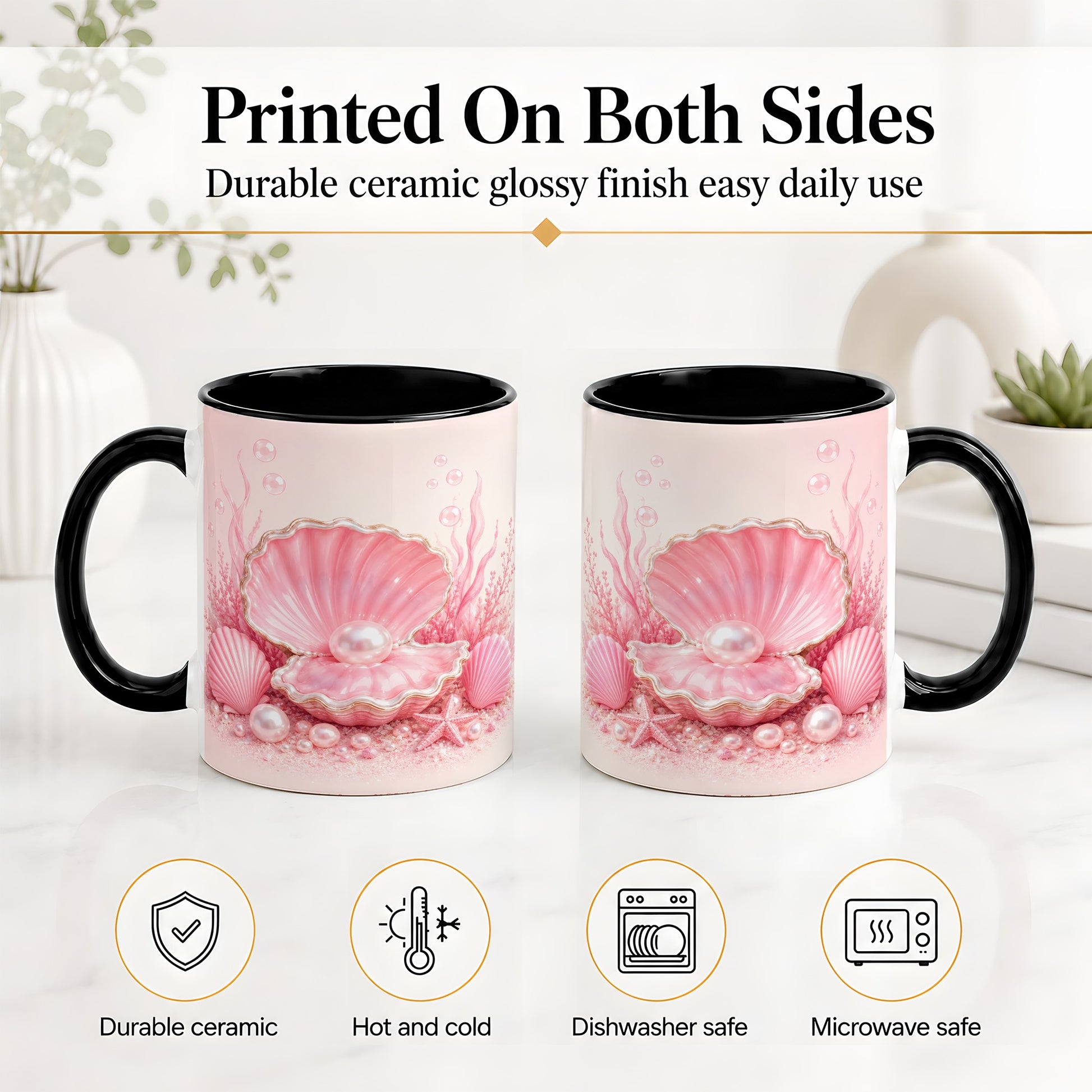 #pl[11oz|Black] Pink Pearl Seashell Ceramic Mug, Ocean Shell Underwater Artwork