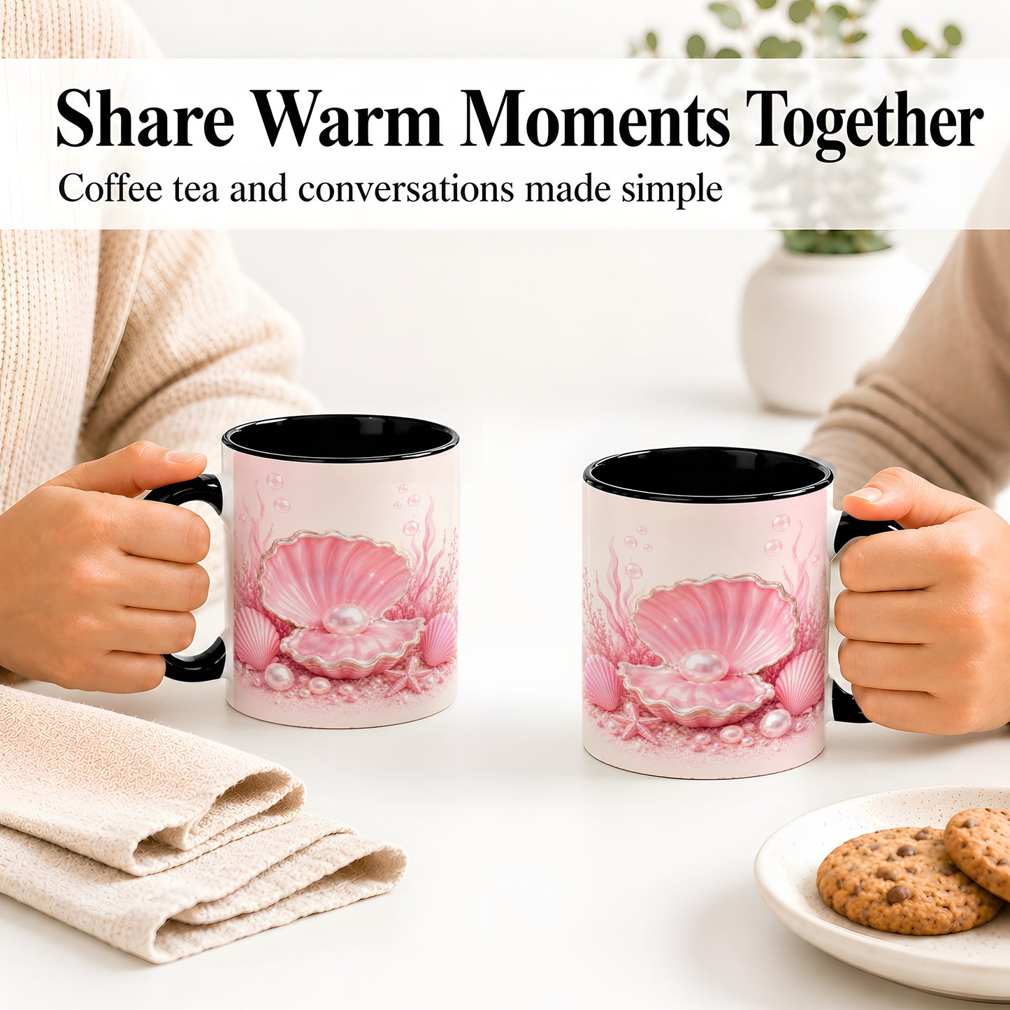 #pl[11oz|Black] Pink Pearl Seashell Ceramic Mug, Ocean Shell Underwater Artwork