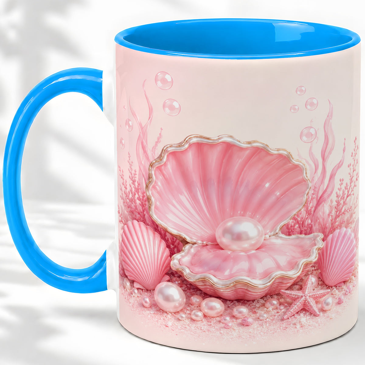 #pl[11oz|Blue] Pink Pearl Seashell Ceramic Mug, Ocean Shell Underwater Artwork