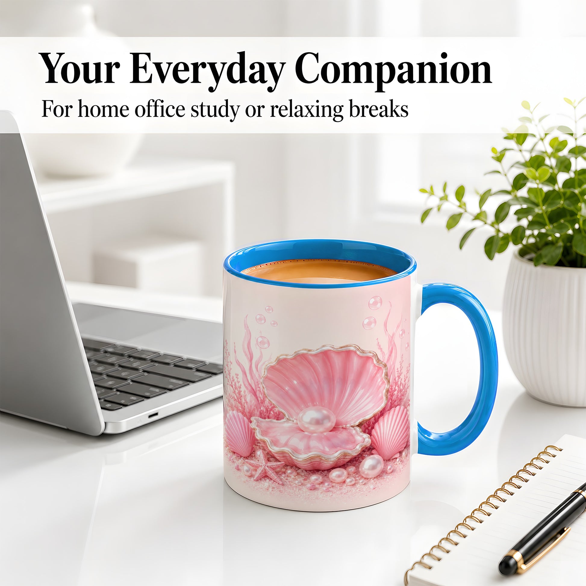 #pl[11oz|Blue] Pink Pearl Seashell Ceramic Mug, Ocean Shell Underwater Artwork