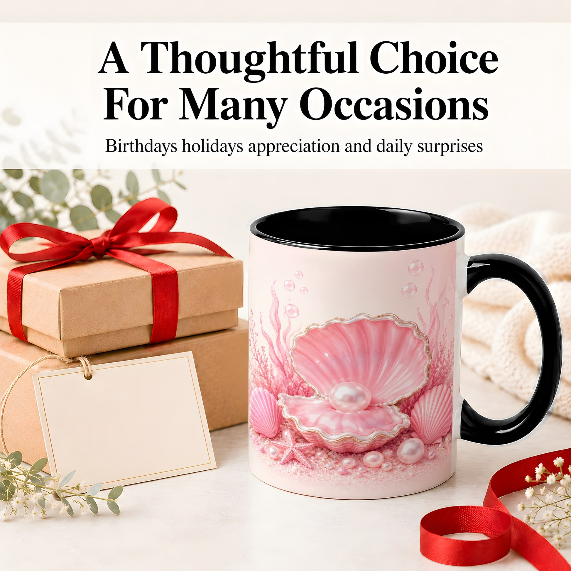 #pl[11oz|Black] Pink Pearl Seashell Ceramic Mug, Ocean Shell Underwater Artwork