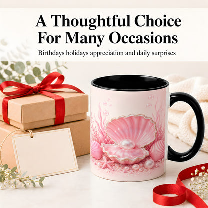 #pl[11oz|Black] Pink Pearl Seashell Ceramic Mug, Ocean Shell Underwater Artwork