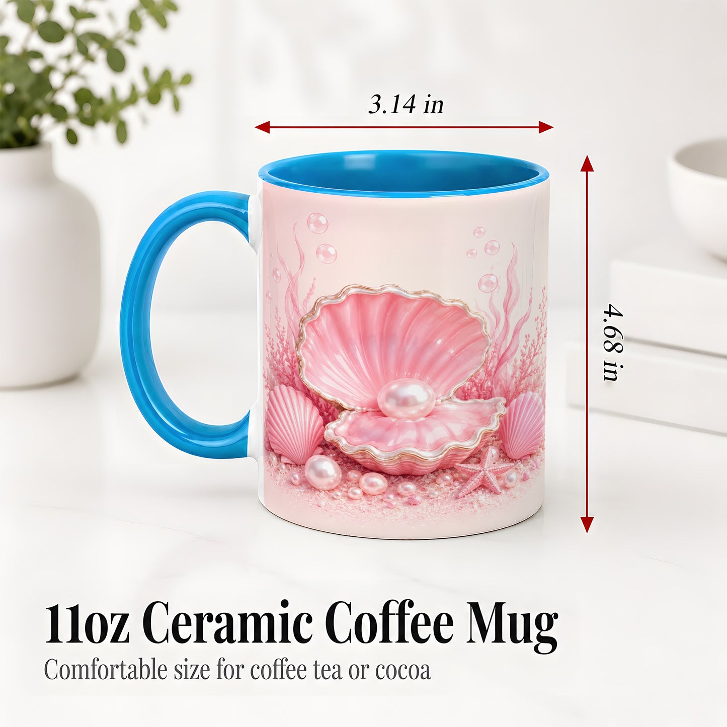 #pl[11oz|Blue] Pink Pearl Seashell Ceramic Mug, Ocean Shell Underwater Artwork