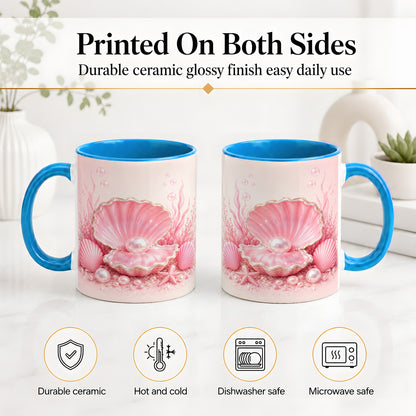 #pl[11oz|Blue] Pink Pearl Seashell Ceramic Mug, Ocean Shell Underwater Artwork