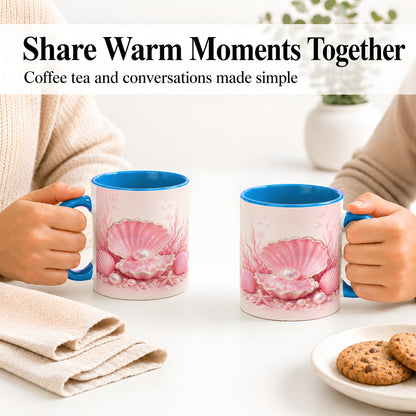 #pl[11oz|Blue] Pink Pearl Seashell Ceramic Mug, Ocean Shell Underwater Artwork