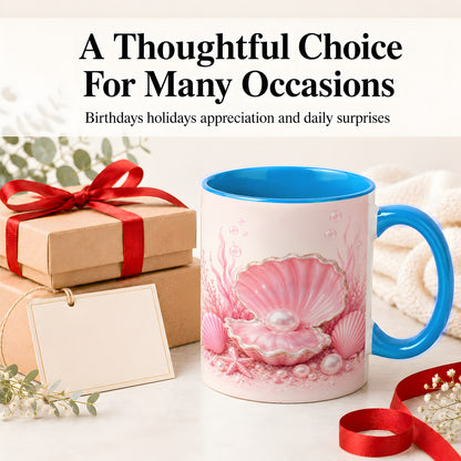 #pl[11oz|Blue] Pink Pearl Seashell Ceramic Mug, Ocean Shell Underwater Artwork