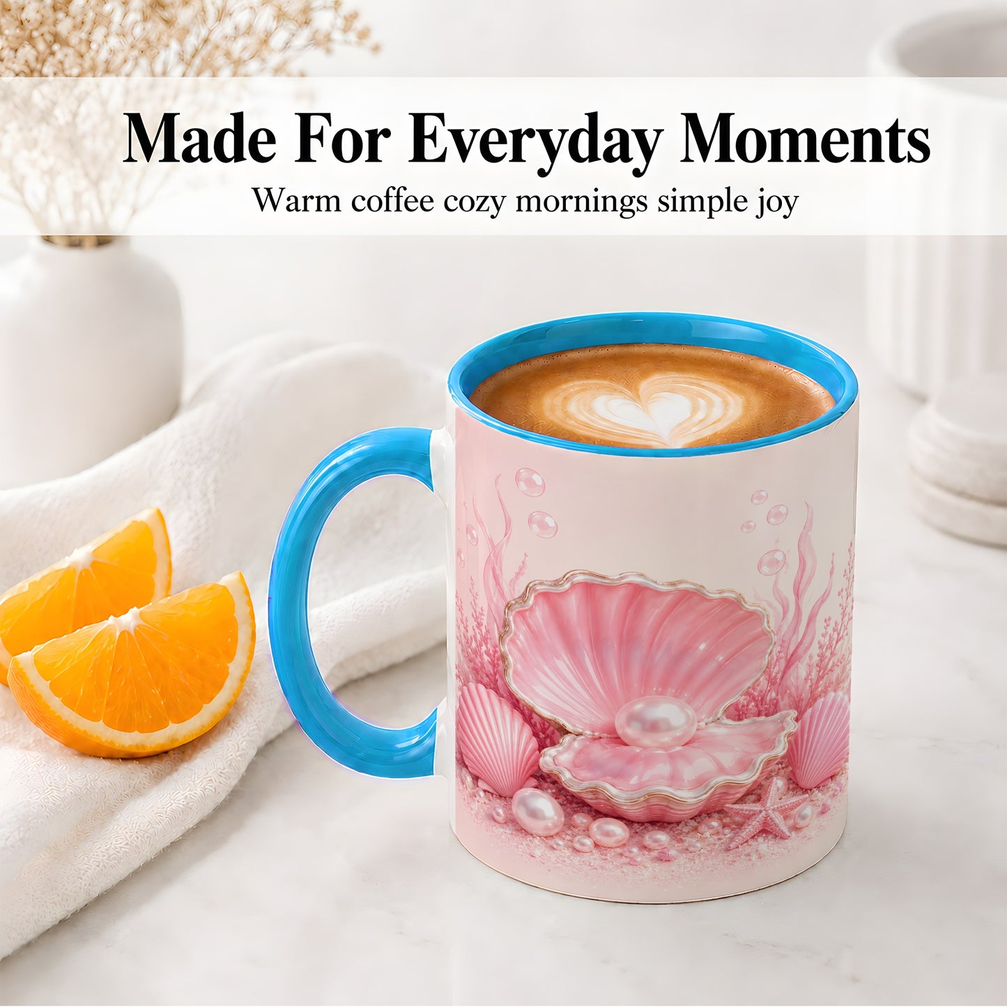 #pl[11oz|Blue] Pink Pearl Seashell Ceramic Mug, Ocean Shell Underwater Artwork
