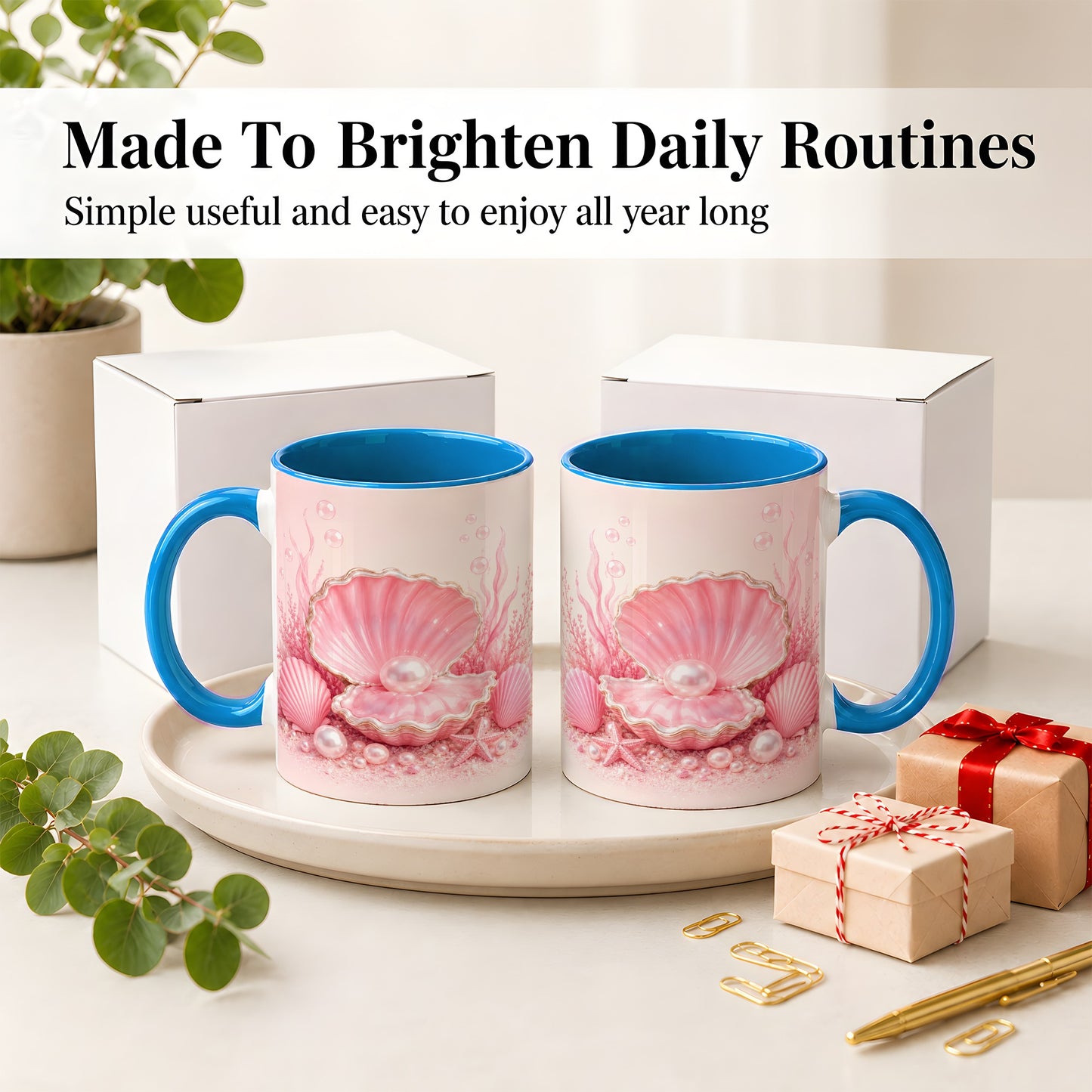 #pl[11oz|Blue] Pink Pearl Seashell Ceramic Mug, Ocean Shell Underwater Artwork