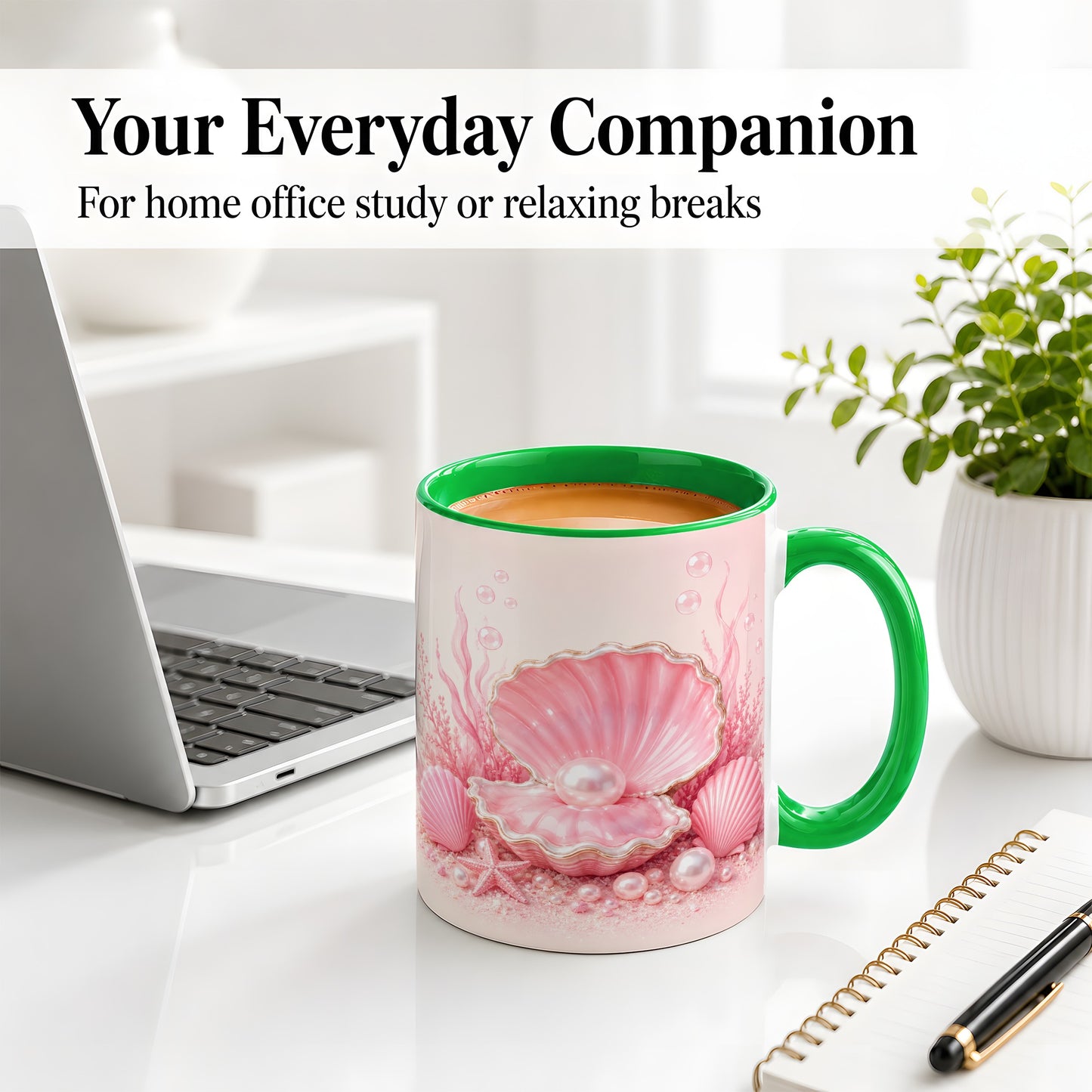 #pl[11oz|Green] Pink Pearl Seashell Ceramic Mug, Ocean Shell Underwater Artwork