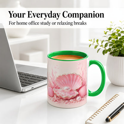 #pl[11oz|Green] Pink Pearl Seashell Ceramic Mug, Ocean Shell Underwater Artwork