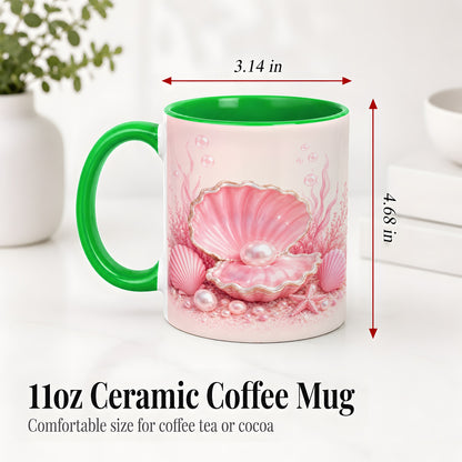 #pl[11oz|Green] Pink Pearl Seashell Ceramic Mug, Ocean Shell Underwater Artwork