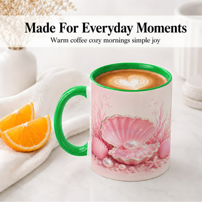 #pl[11oz|Green] Pink Pearl Seashell Ceramic Mug, Ocean Shell Underwater Artwork