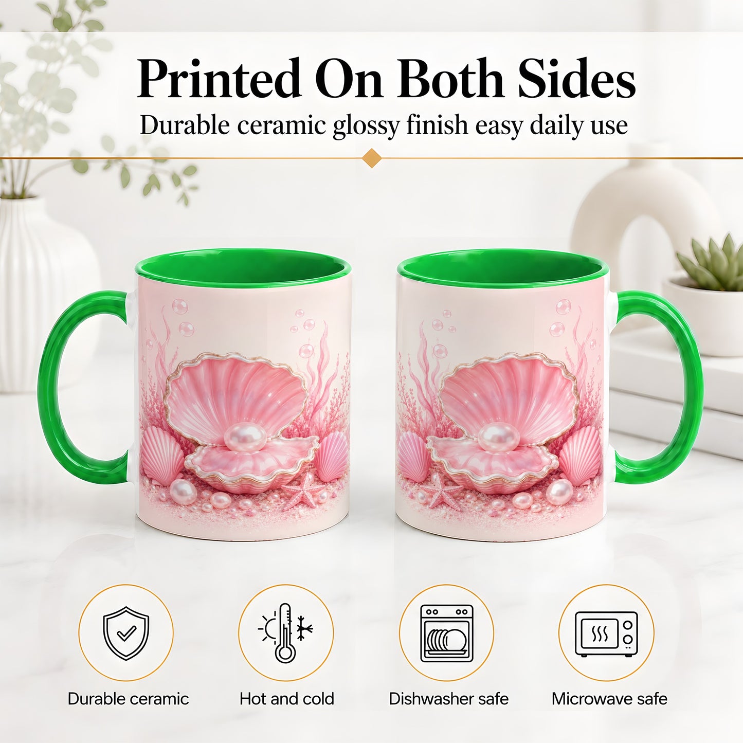 #pl[11oz|Green] Pink Pearl Seashell Ceramic Mug, Ocean Shell Underwater Artwork