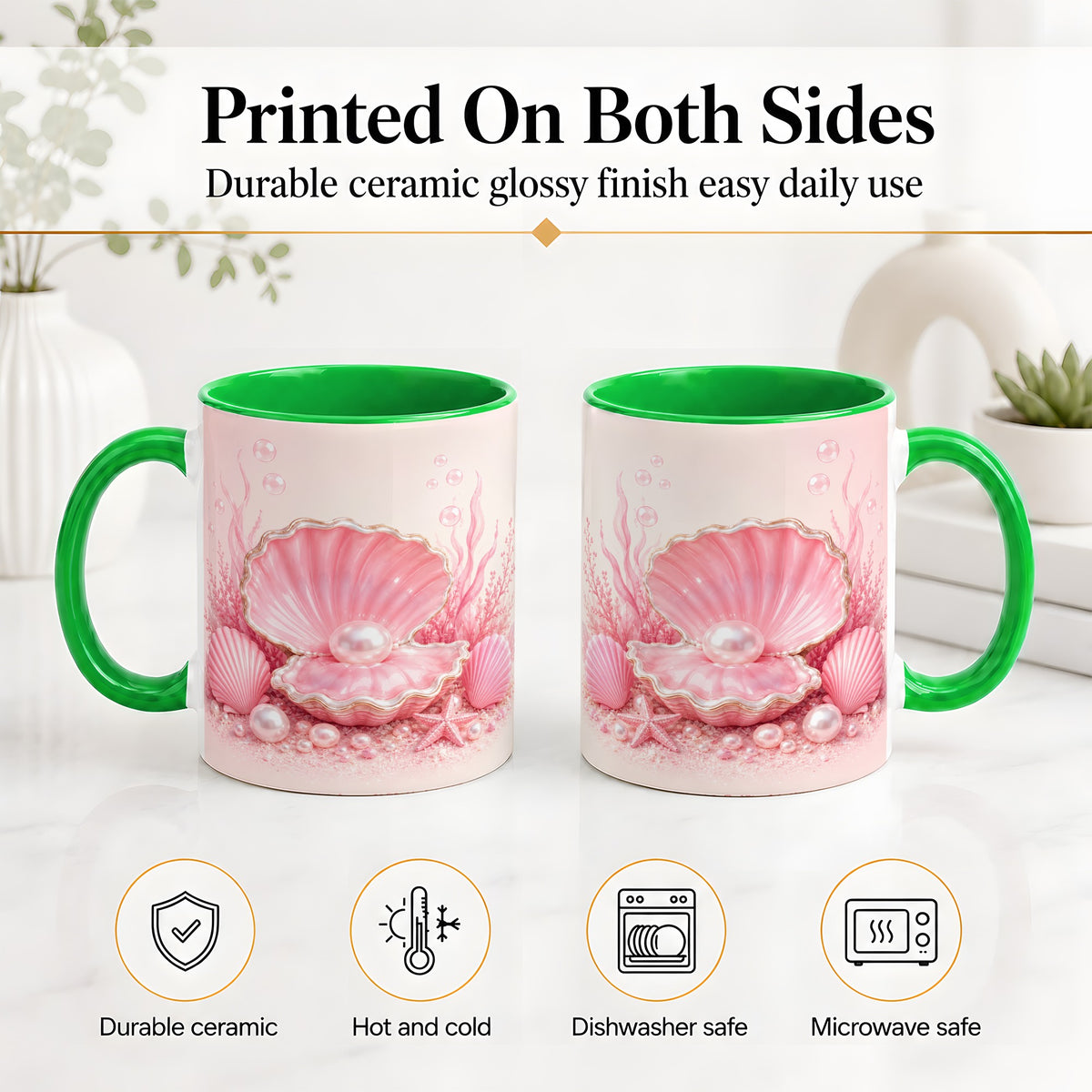 #pl[11oz|Green] Pink Pearl Seashell Ceramic Mug, Ocean Shell Underwater Artwork