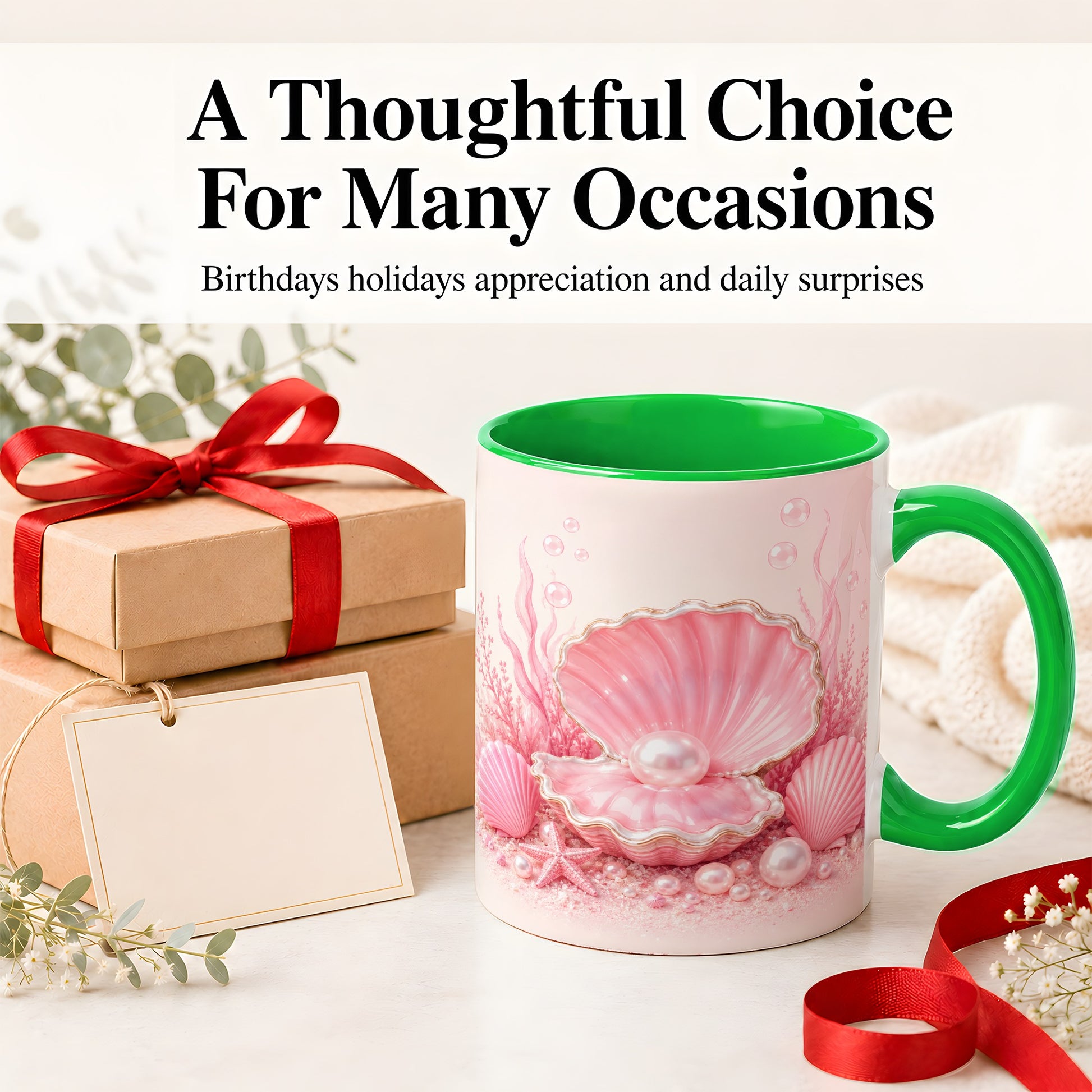 #pl[11oz|Green] Pink Pearl Seashell Ceramic Mug, Ocean Shell Underwater Artwork