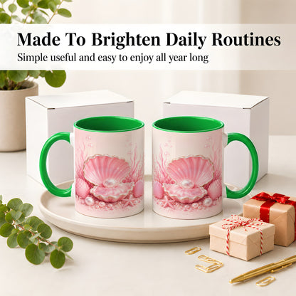 #pl[11oz|Green] Pink Pearl Seashell Ceramic Mug, Ocean Shell Underwater Artwork