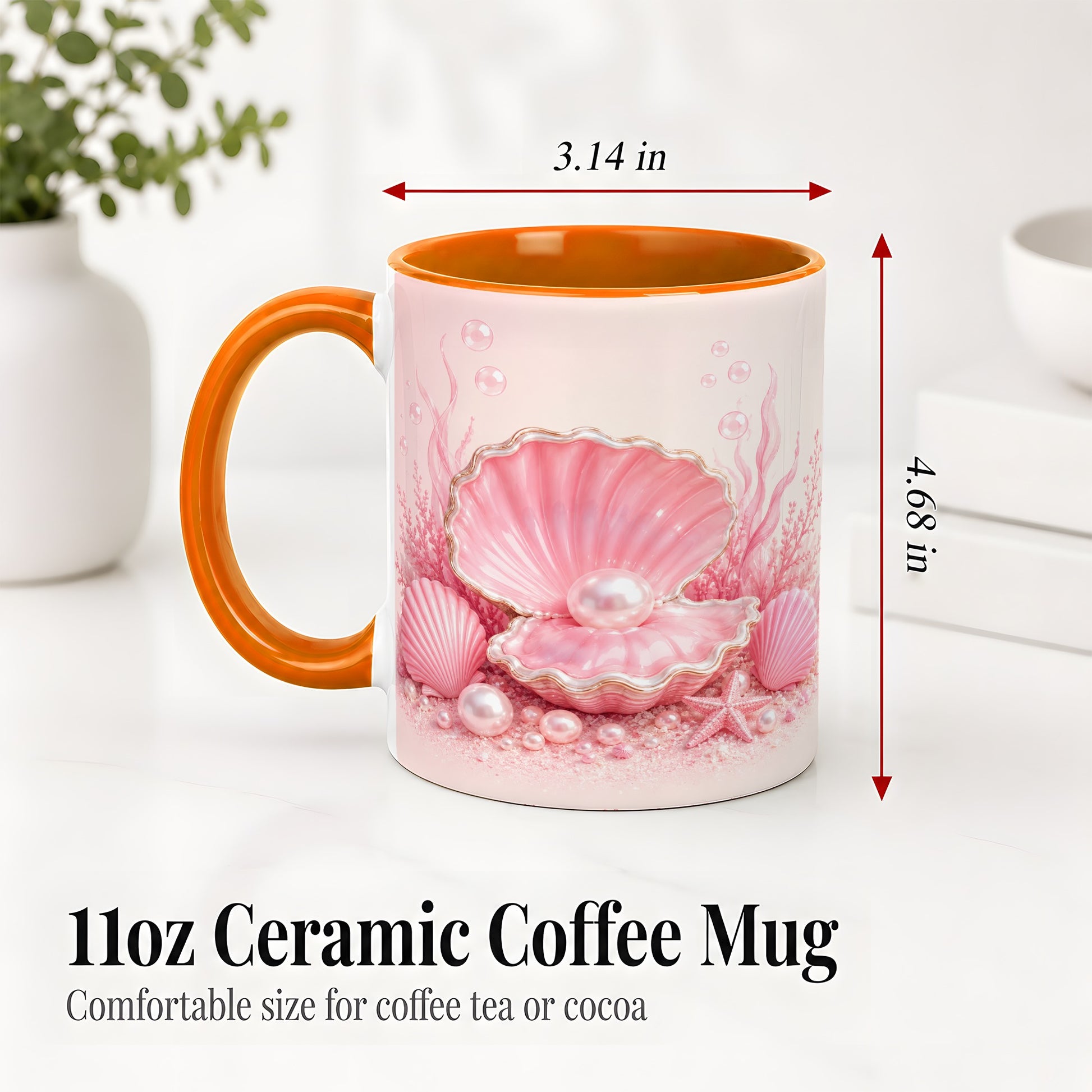 #pl[11oz|Orange] Pink Pearl Seashell Ceramic Mug, Ocean Shell Underwater Artwork