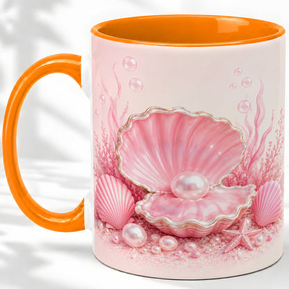 #pl[11oz|Orange] Pink Pearl Seashell Ceramic Mug, Ocean Shell Underwater Artwork