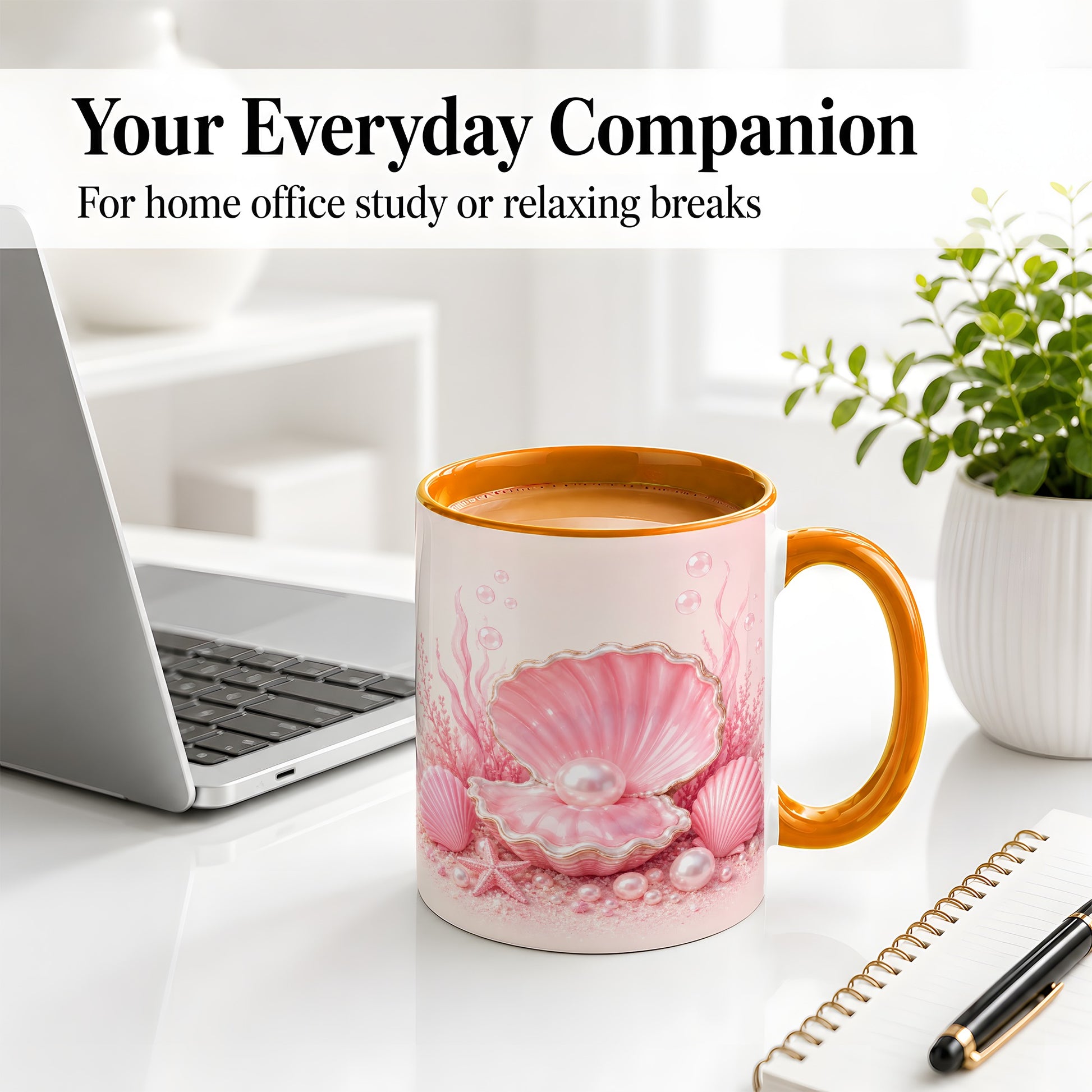 #pl[11oz|Orange] Pink Pearl Seashell Ceramic Mug, Ocean Shell Underwater Artwork
