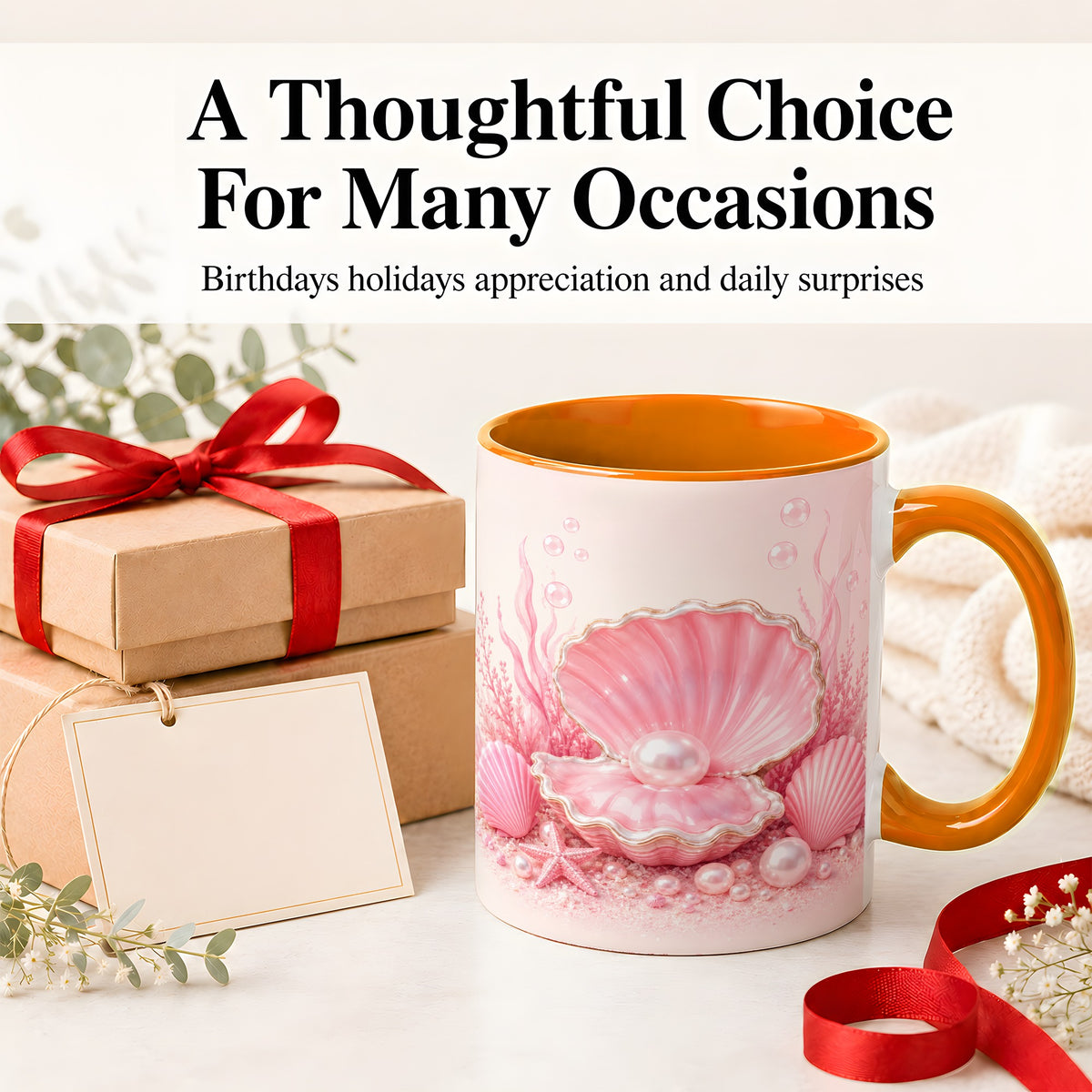 #pl[11oz|Orange] Pink Pearl Seashell Ceramic Mug, Ocean Shell Underwater Artwork