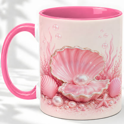 #pl[11oz|Pink] Pink Pearl Seashell Ceramic Mug, Ocean Shell Underwater Artwork
