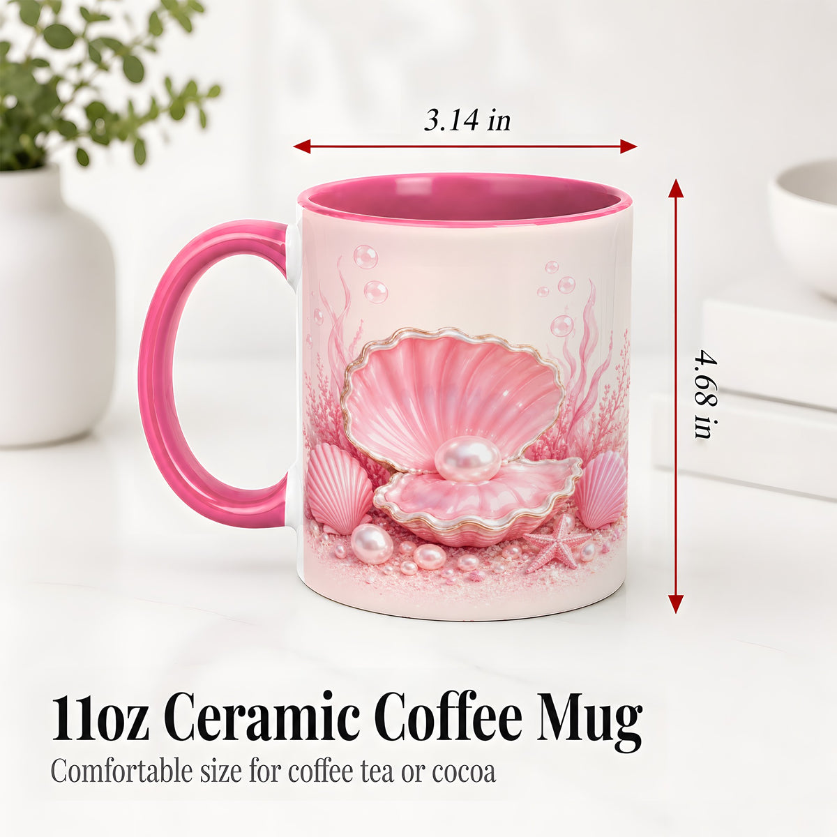 #pl[11oz|Pink] Pink Pearl Seashell Ceramic Mug, Ocean Shell Underwater Artwork