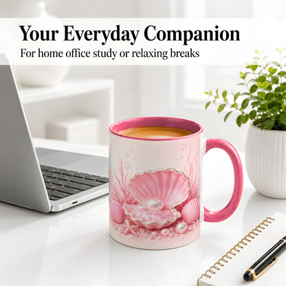 #pl[11oz|Pink] Pink Pearl Seashell Ceramic Mug, Ocean Shell Underwater Artwork